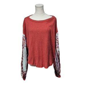 Free People We The Free Sweater‎ Womens Medium Red Boho Patchwork Balloon Sleeve